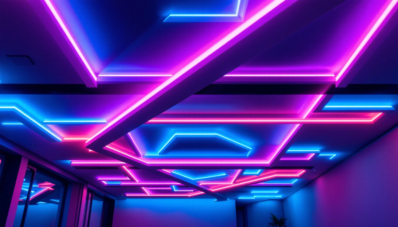 A photograph of a beautifully designed ceiling featuring vibrant led strip lights in various colors