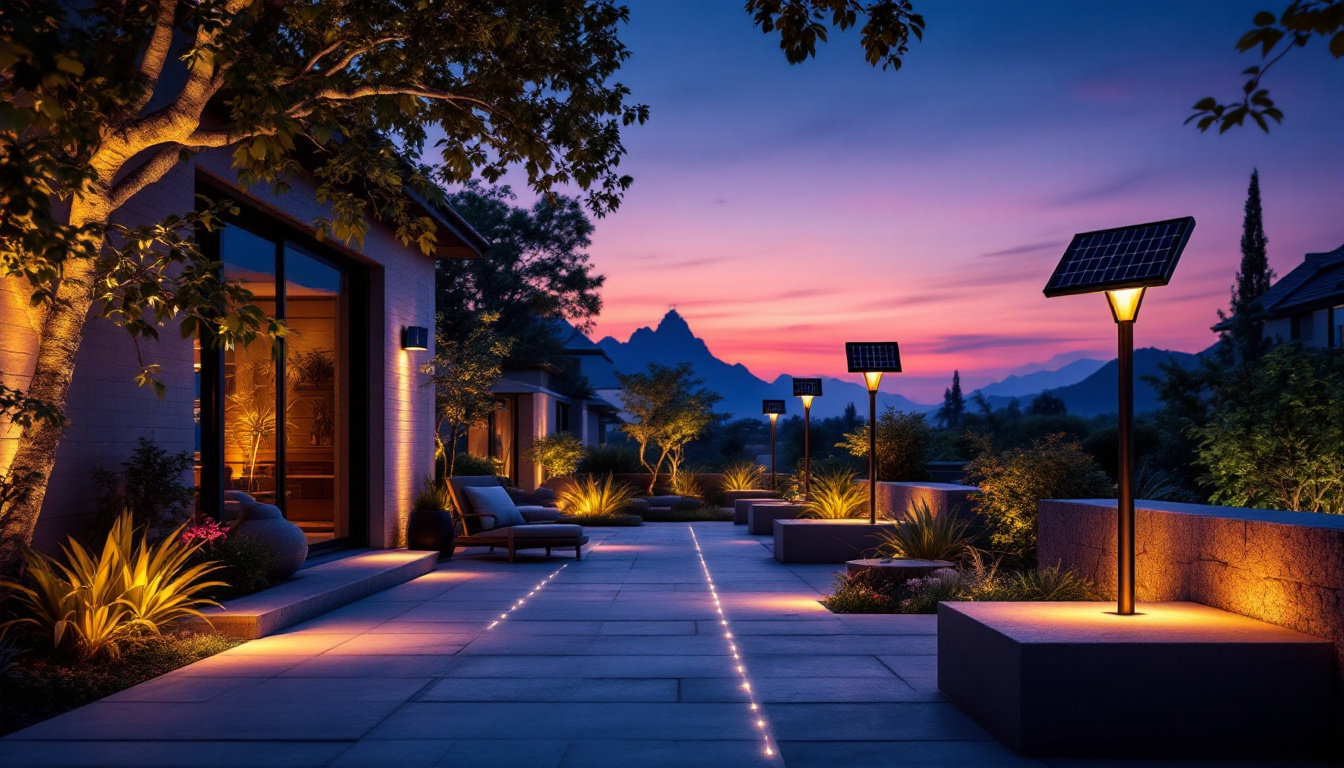 A photograph of a beautifully illuminated outdoor space showcasing various styles of external solar led lights in use