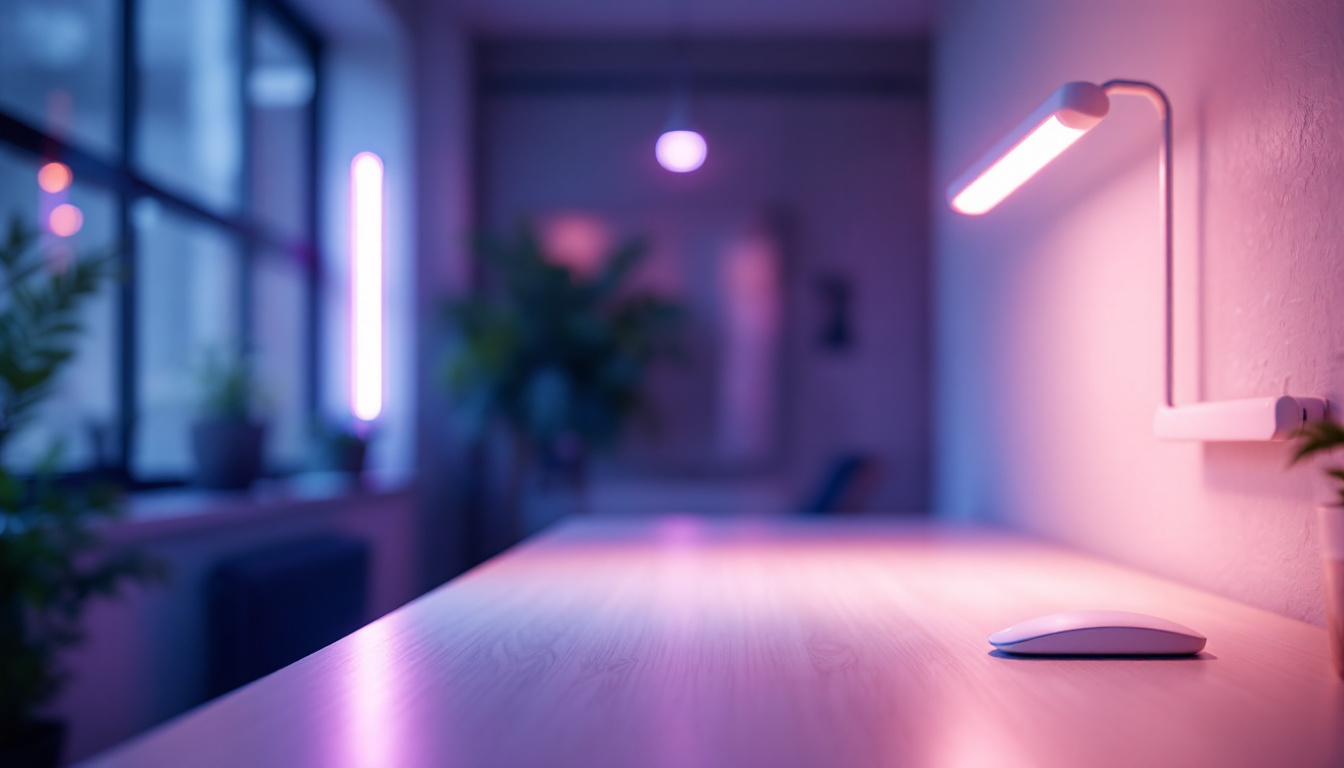 A photograph of a well-lit workspace featuring a t5 fluorescent tube in action