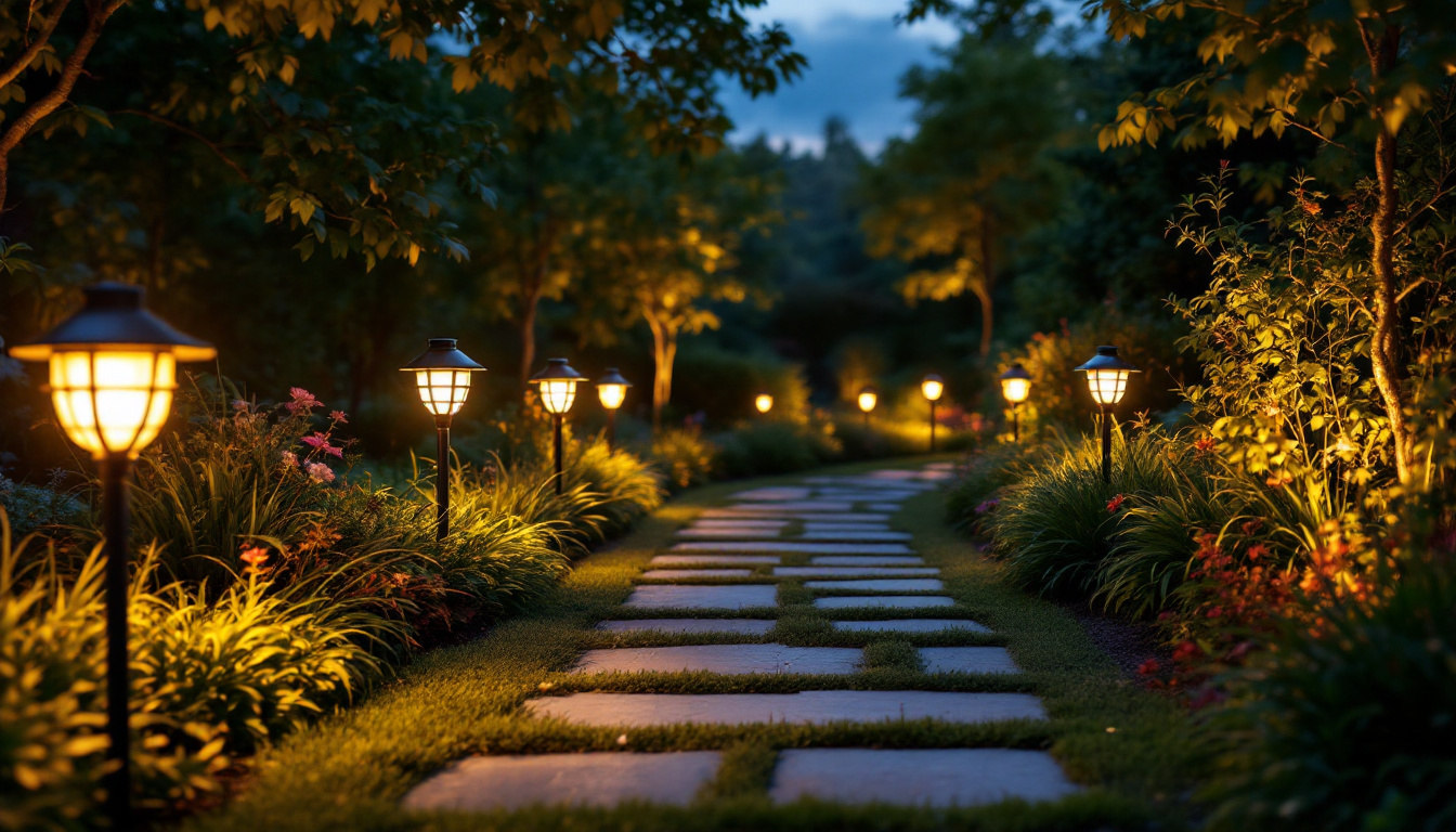 A photograph of a beautifully landscaped garden at dusk
