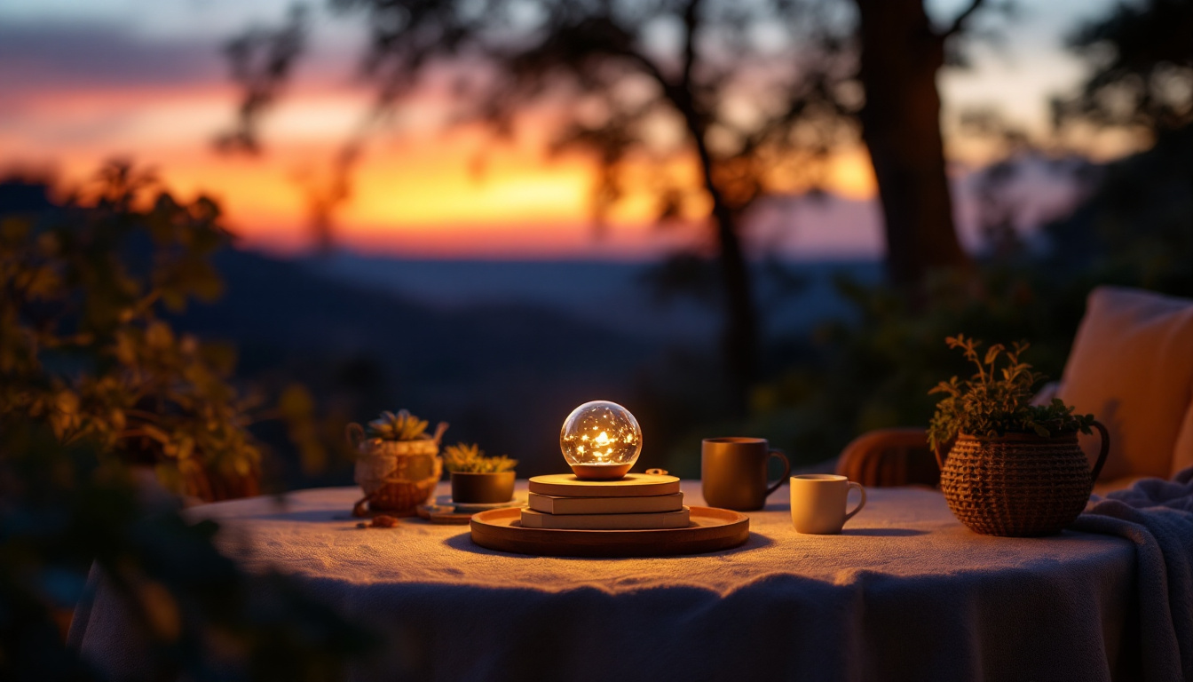 A photograph of a beautifully designed dusk till dawn lamp illuminating a cozy outdoor setting at twilight