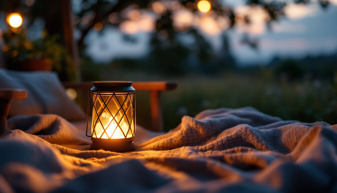 A photograph of a beautifully designed solar lantern illuminating a cozy outdoor setting