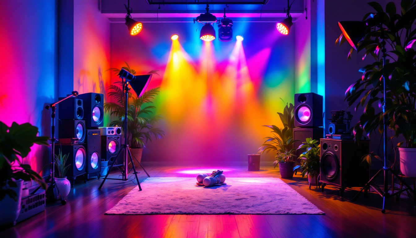 A photograph of a vibrant and dynamic lighting setup in an indoor space