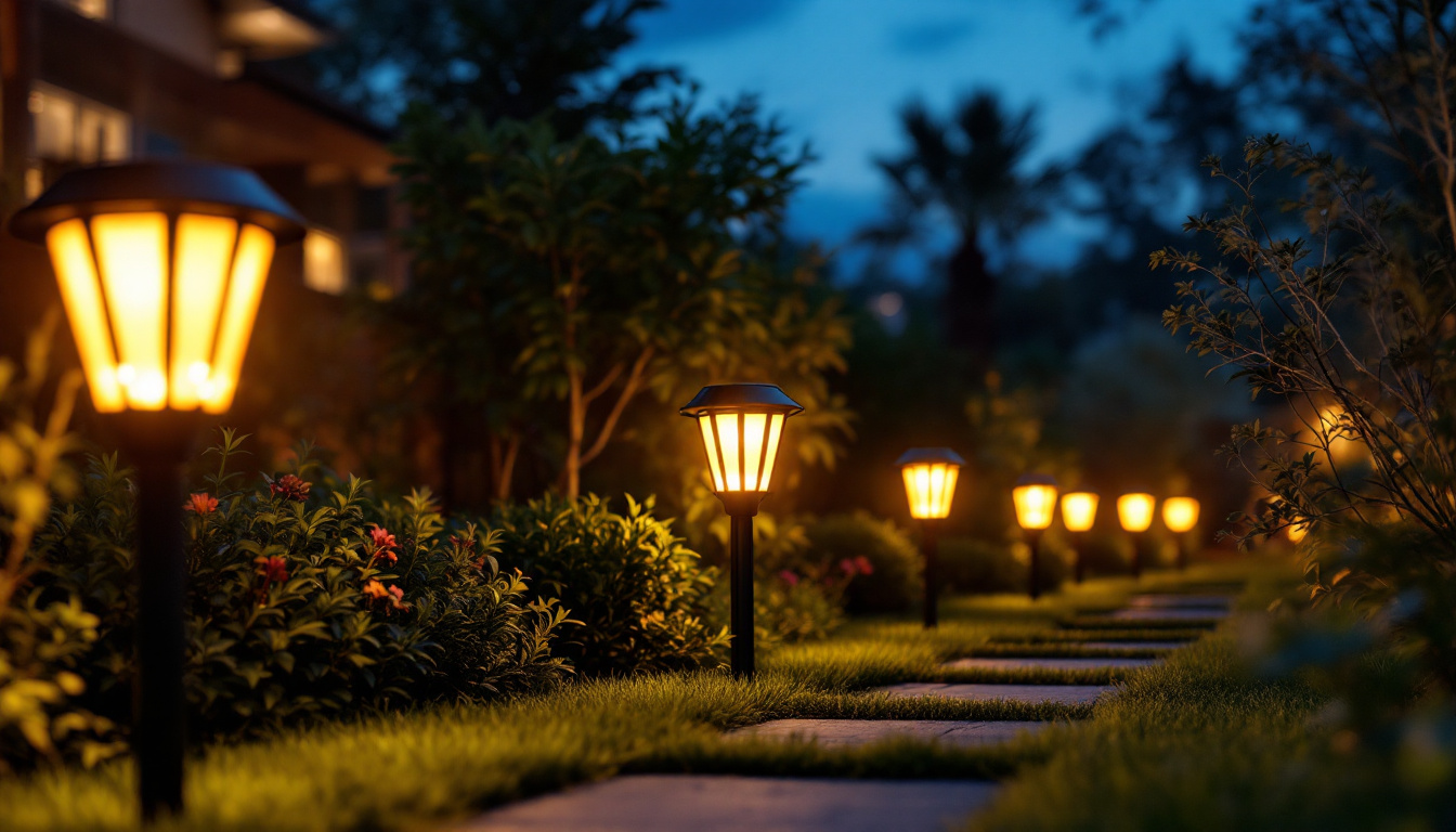 A photograph of a vibrant outdoor scene showcasing the 365-year-round solar lights illuminating a garden or pathway at dusk