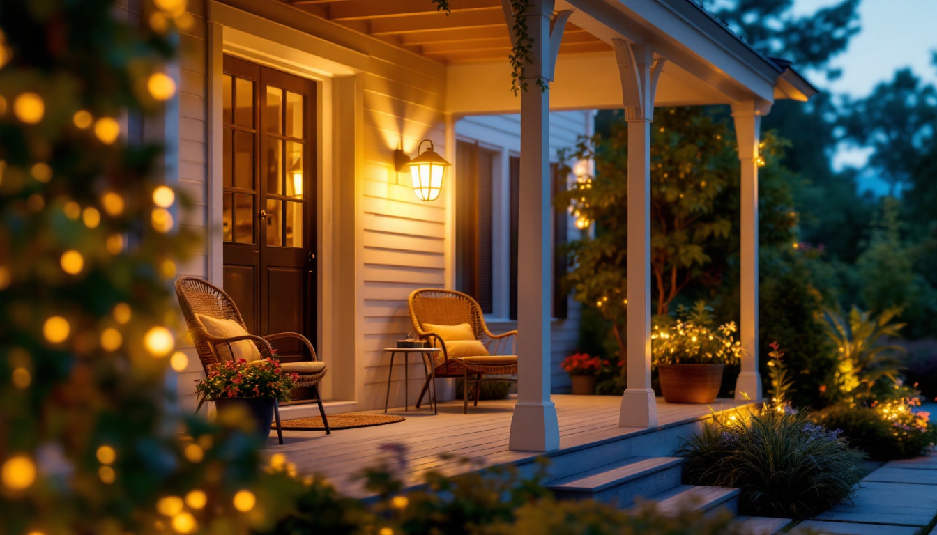 A photograph of a beautifully lit porch at dusk