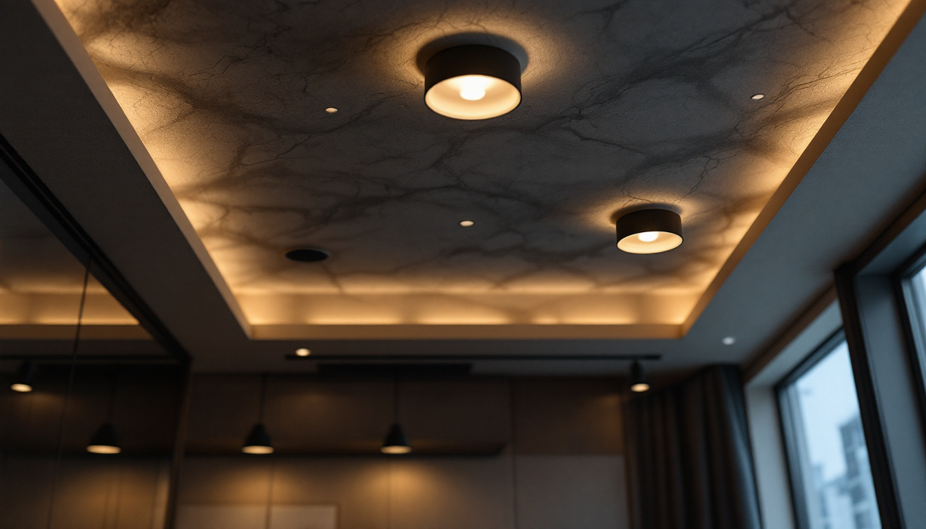 A photograph of a stylishly designed drop ceiling with various ceiling light fixtures illuminated