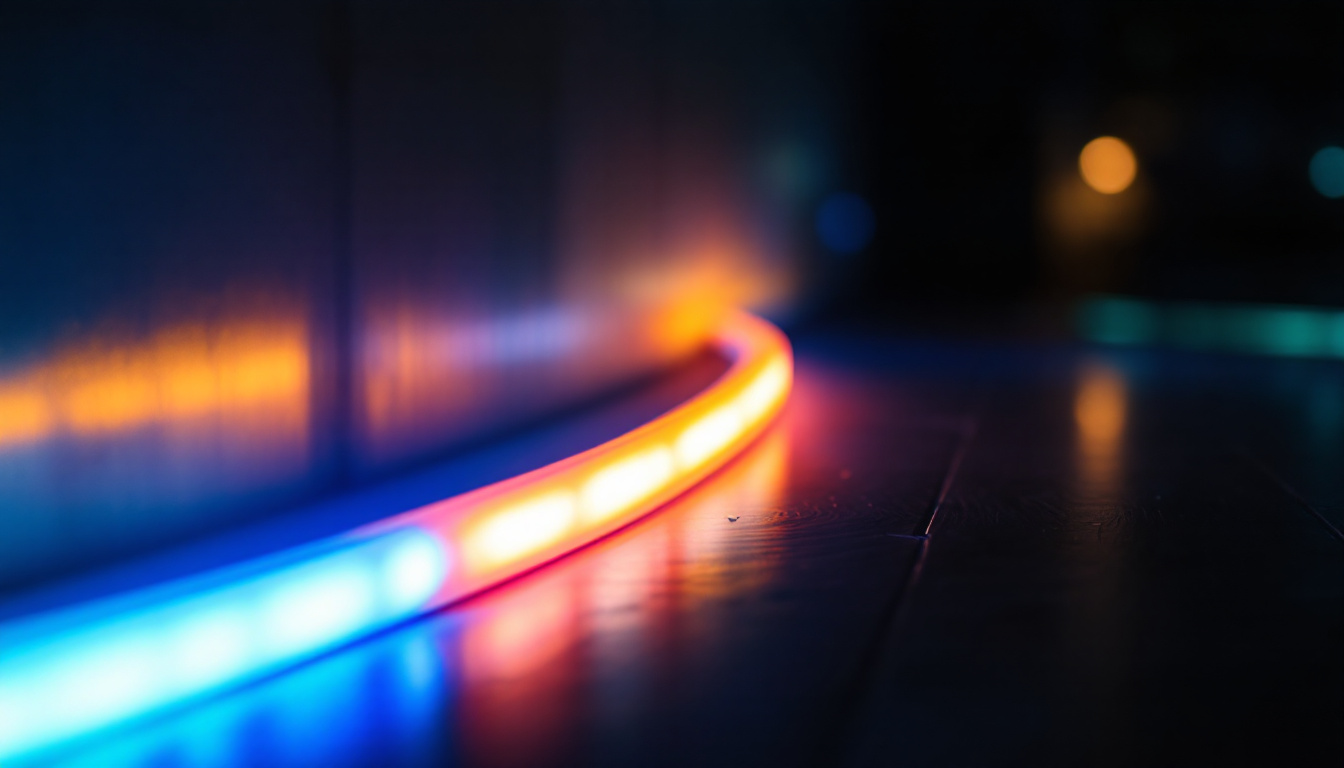 A photograph of capture a photograph of a vibrant 4 ft fluorescent light tape illuminated in a dimly lit environment