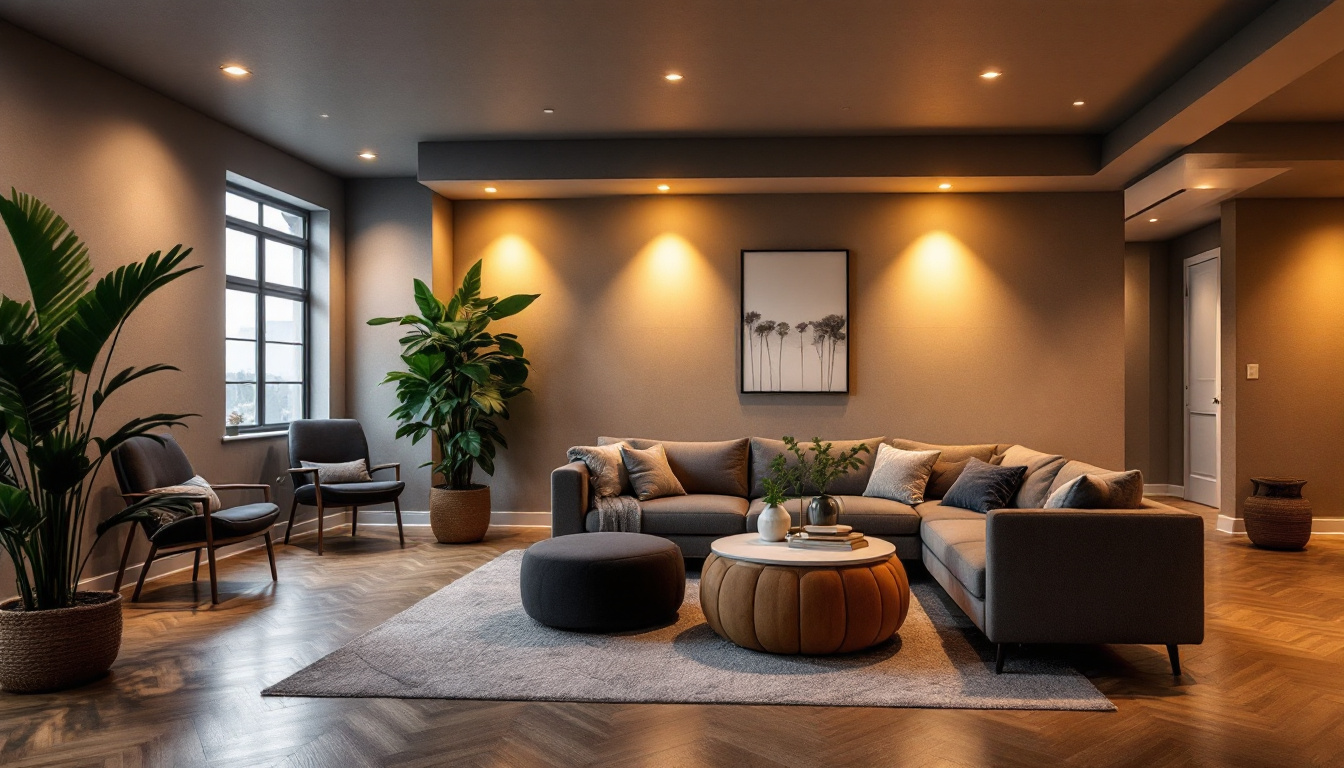 A photograph of a stylish basement space featuring well-placed recessed lighting