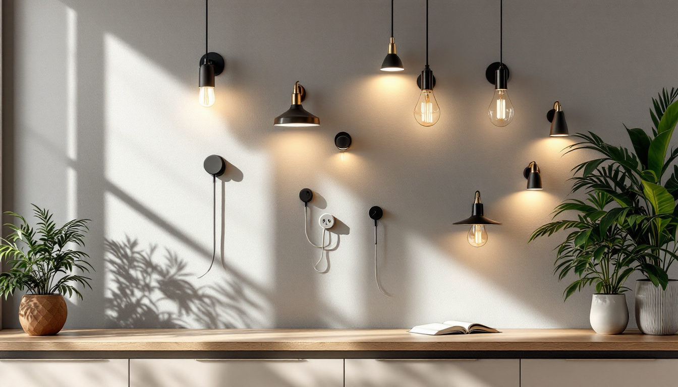 A photograph of a stylishly designed outlet wall featuring various types of lighting fixtures