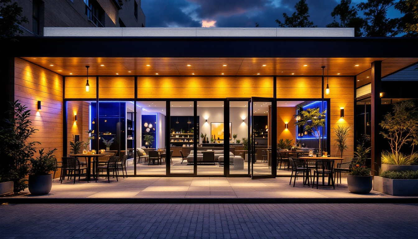 A photograph of a beautifully illuminated outdoor commercial space featuring various led light fixtures in use