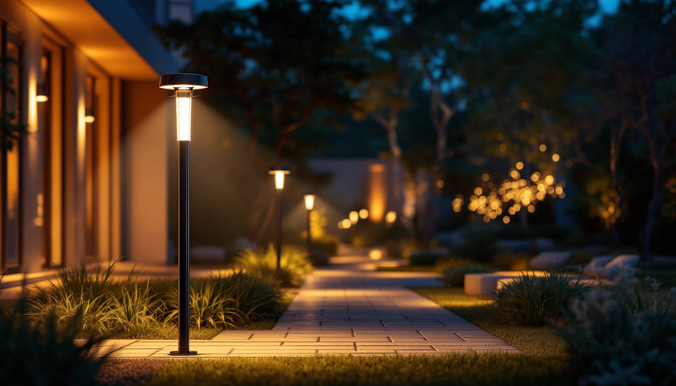 A photograph of a beautifully illuminated outdoor space featuring stylish led post lights in various settings