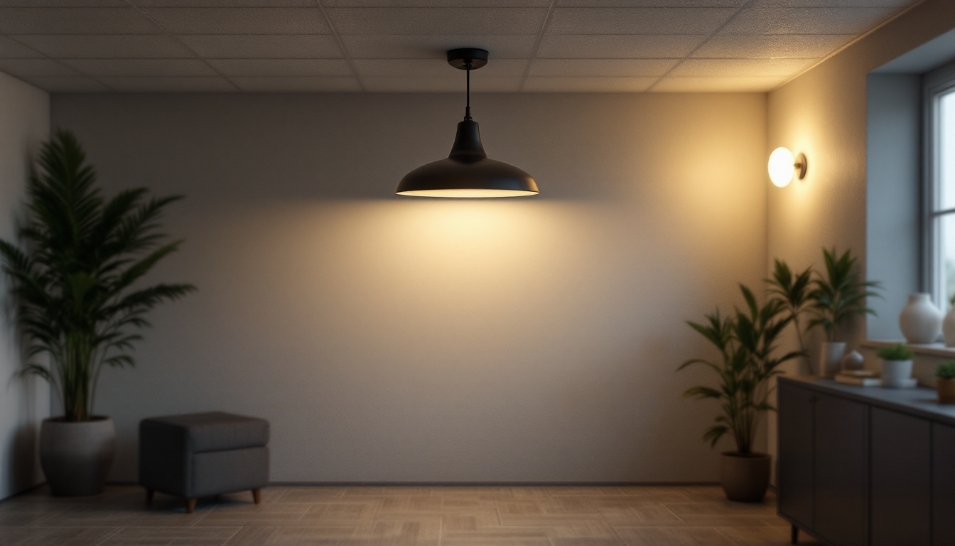 A photograph of a stylish and functional basement light fixture in a well-lit basement setting