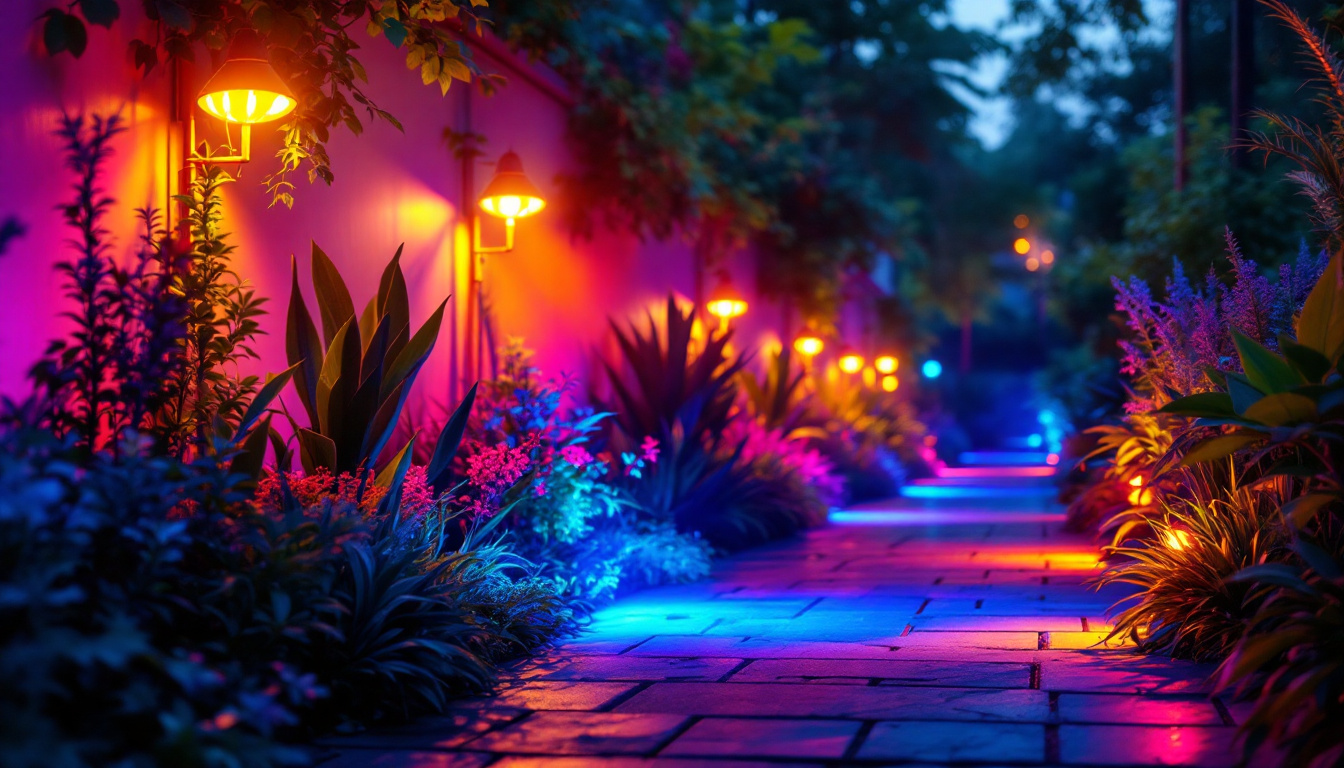 A photograph of a vibrant outdoor scene illuminated by multi-color flood lights