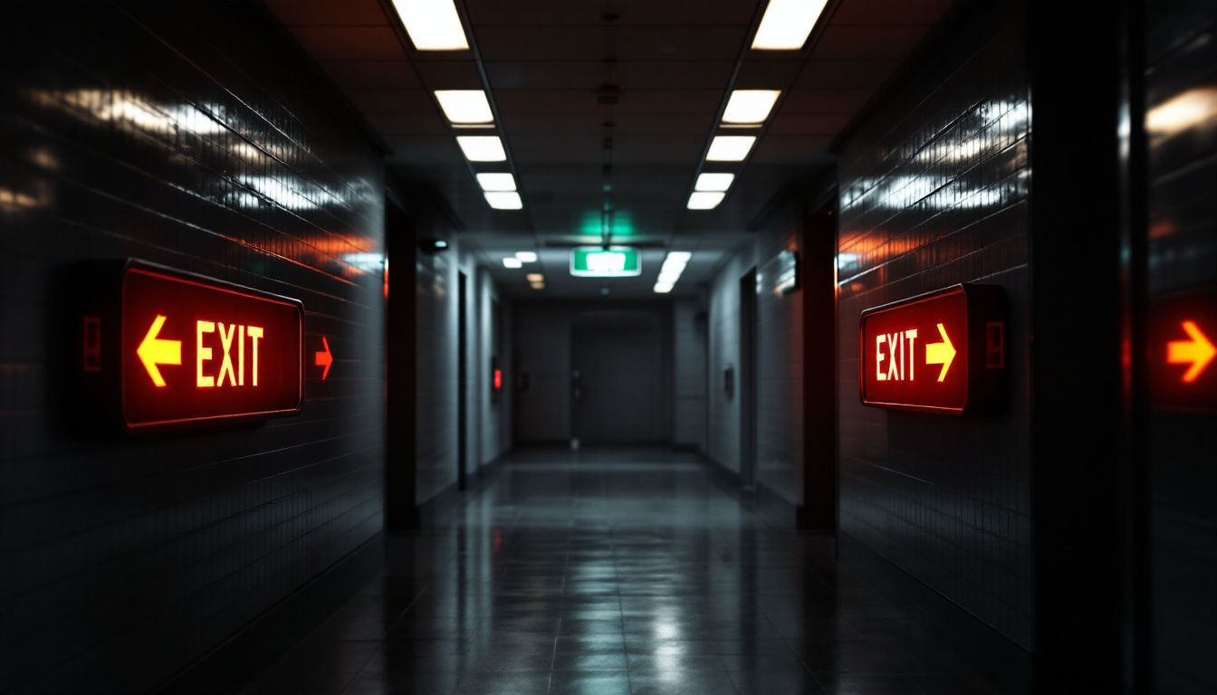 A photograph of a well-lit emergency exit sign in a dimly lit corridor