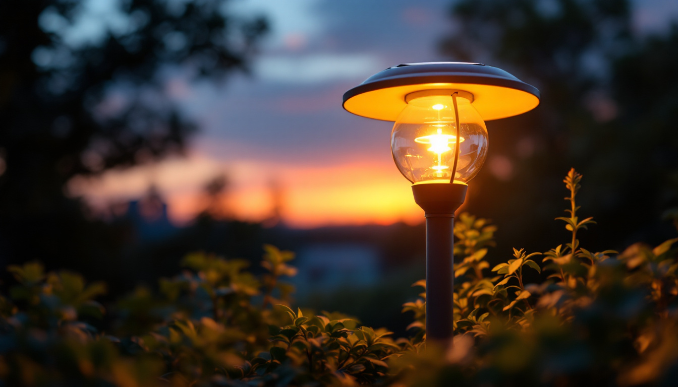 A photograph of a beautifully designed solar-powered lamp illuminated at dusk
