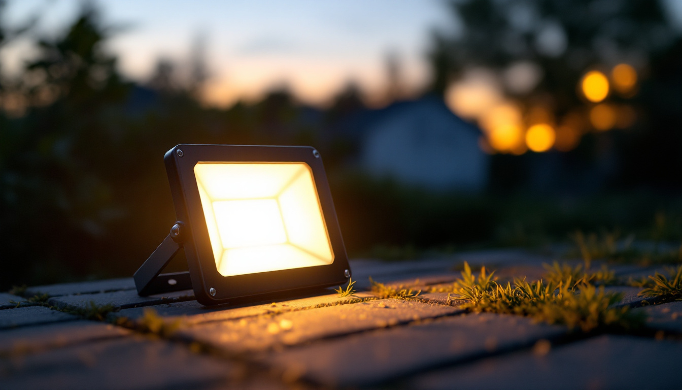 A photograph of a solar-powered flood light illuminating a backyard or garden at dusk
