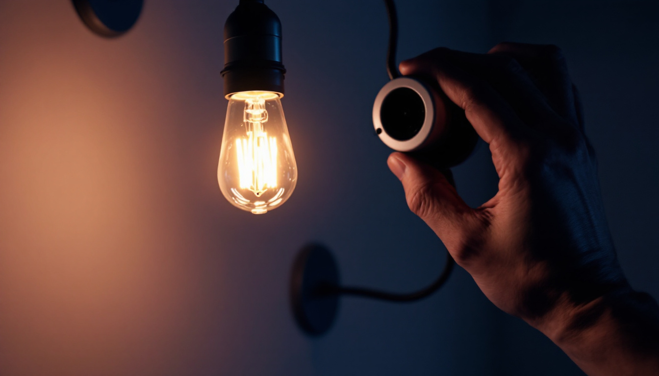 A photograph of a close-up of a hand replacing a light bulb in a modern fixture