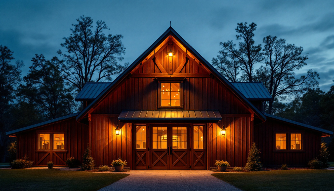 A photograph of a beautifully illuminated barn exterior at dusk