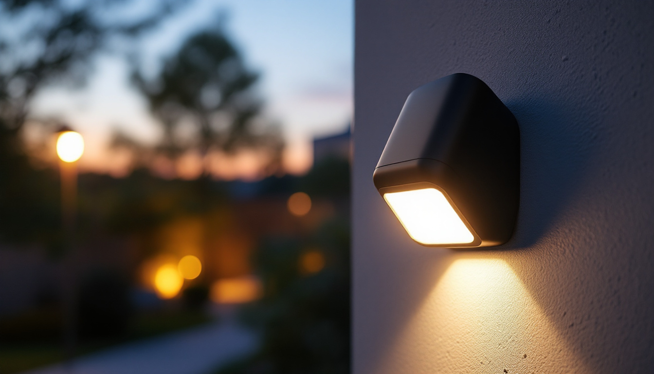 A photograph of a sleek motion sensor security light installed in an outdoor setting