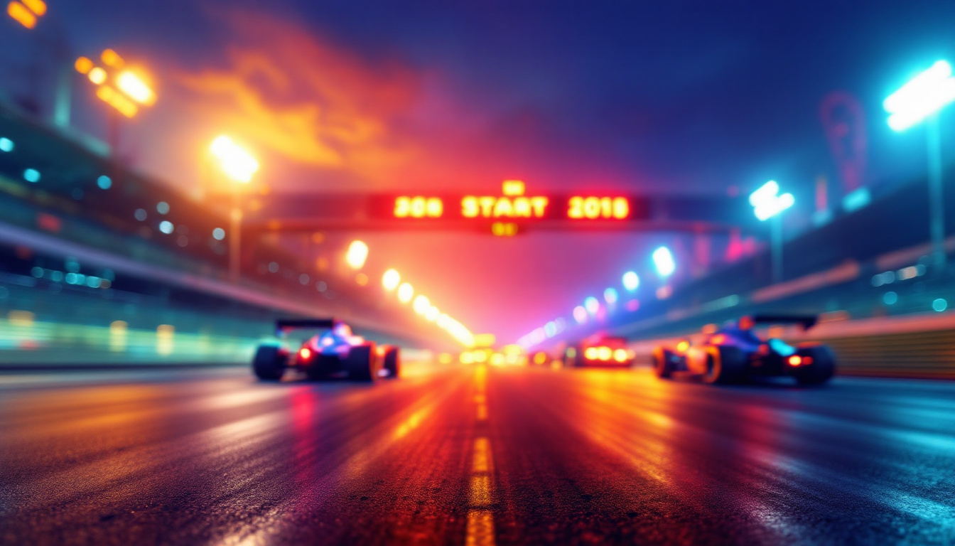 A photograph of a vibrant race track scene featuring illuminated starting lights in action