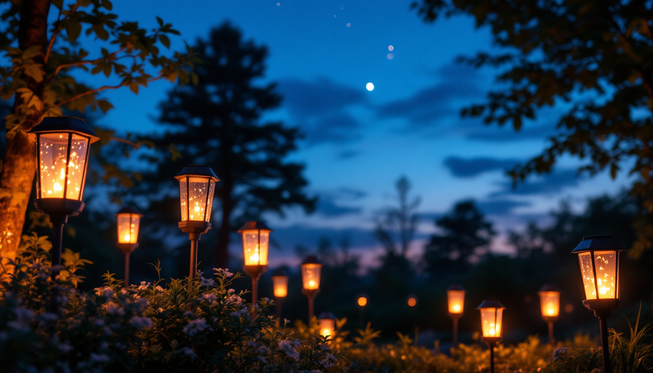 A photograph of a beautifully arranged scene featuring various solar-powered lanterns illuminating a garden or outdoor space at dusk