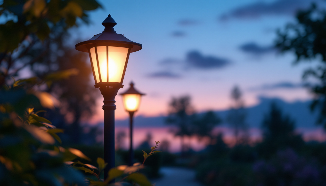 A photograph of a beautifully illuminated solar pole lantern in a serene outdoor setting during twilight