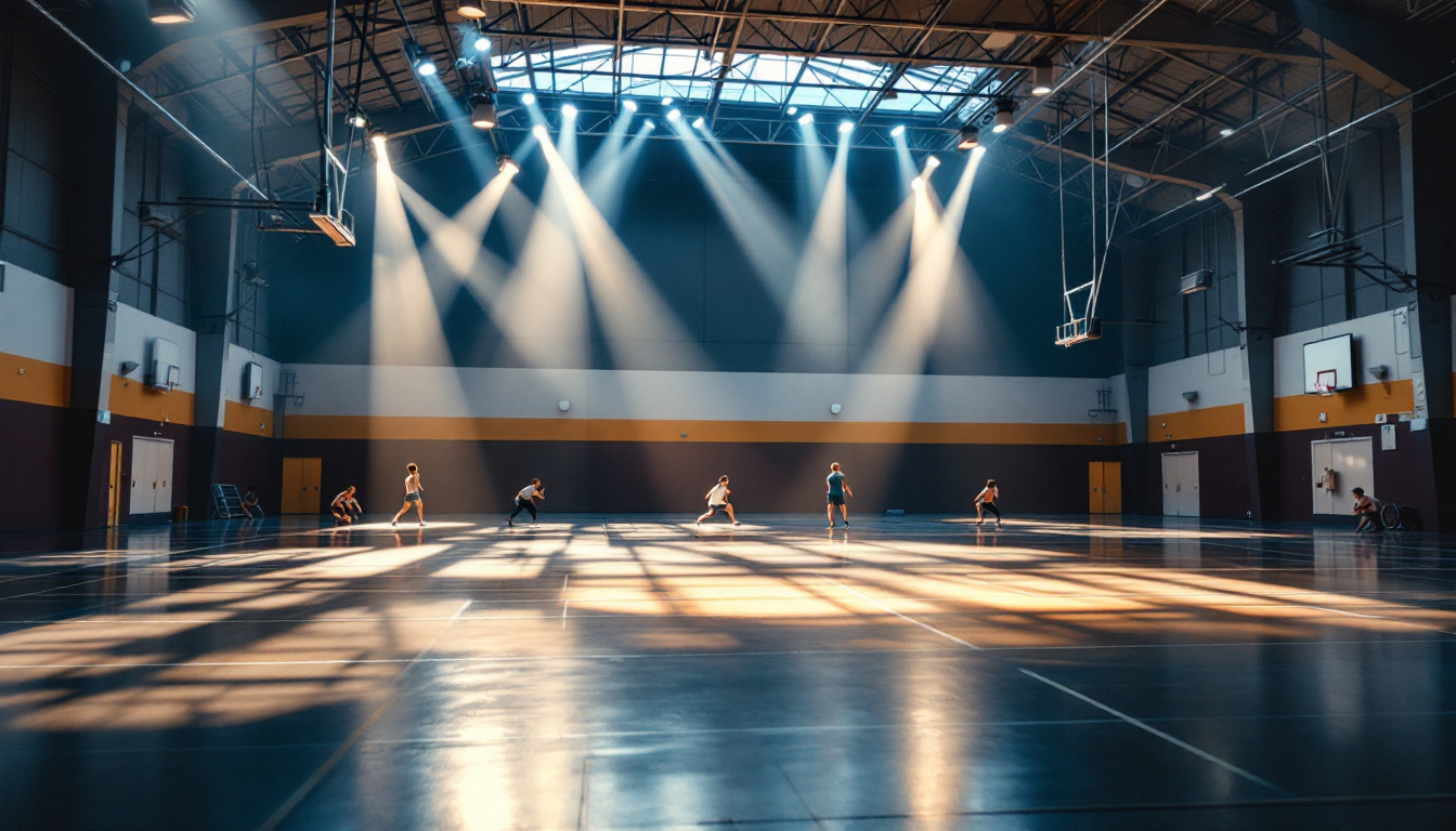 A photograph of a well-lit gymnasium showcasing various lighting fixtures