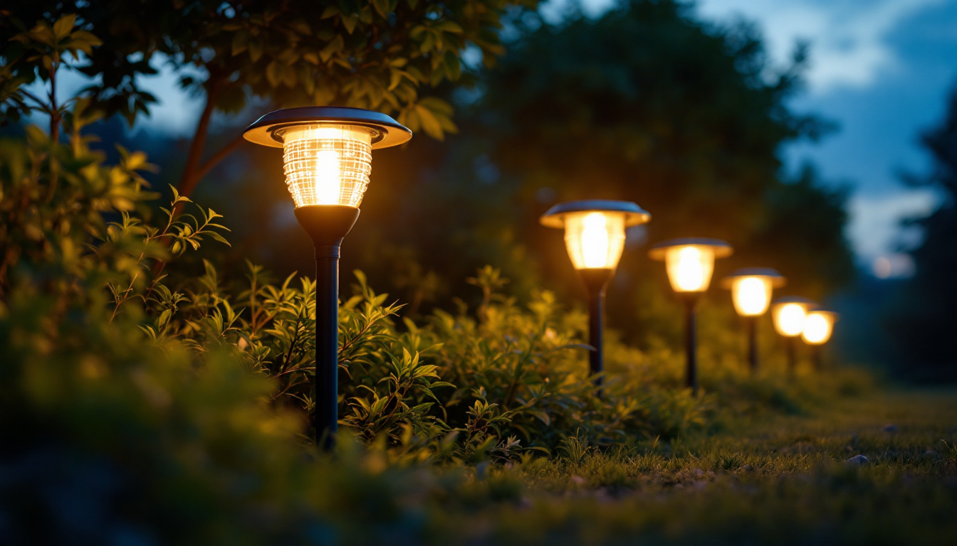 A photograph of a beautifully illuminated outdoor space featuring various led solar lamps in a natural setting at dusk