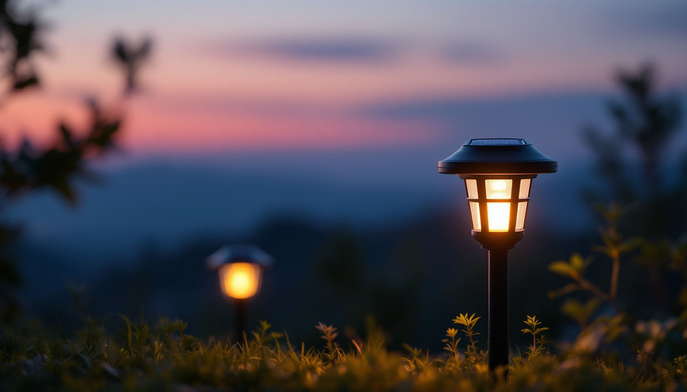 A photograph of a small solar lamp illuminated in a serene outdoor setting at dusk