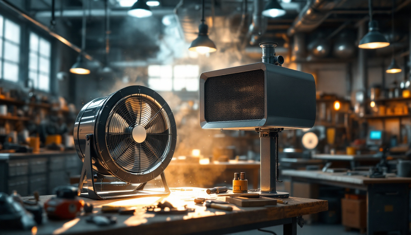 A photograph of a well-lit workshop featuring an exhaust fan in action