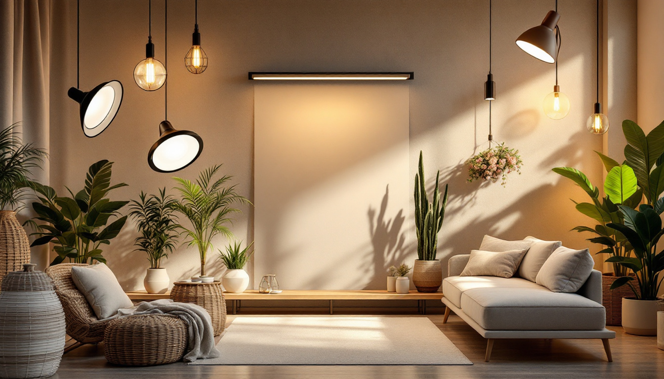 A photograph of a beautifully arranged scene showcasing various types of lighting fixtures