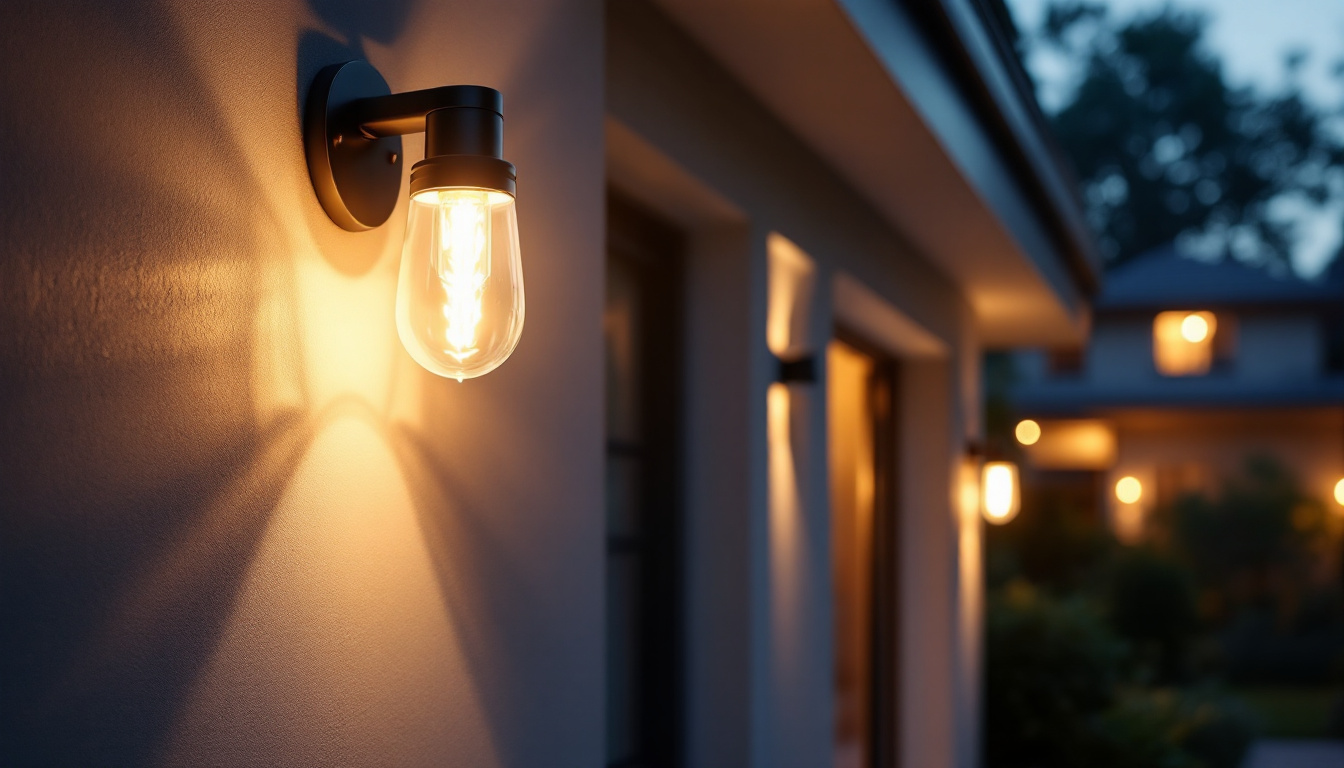 A photograph of a beautifully illuminated exterior wall mounted light fixture showcasing its design and functionality against a stylish home facade during twilight