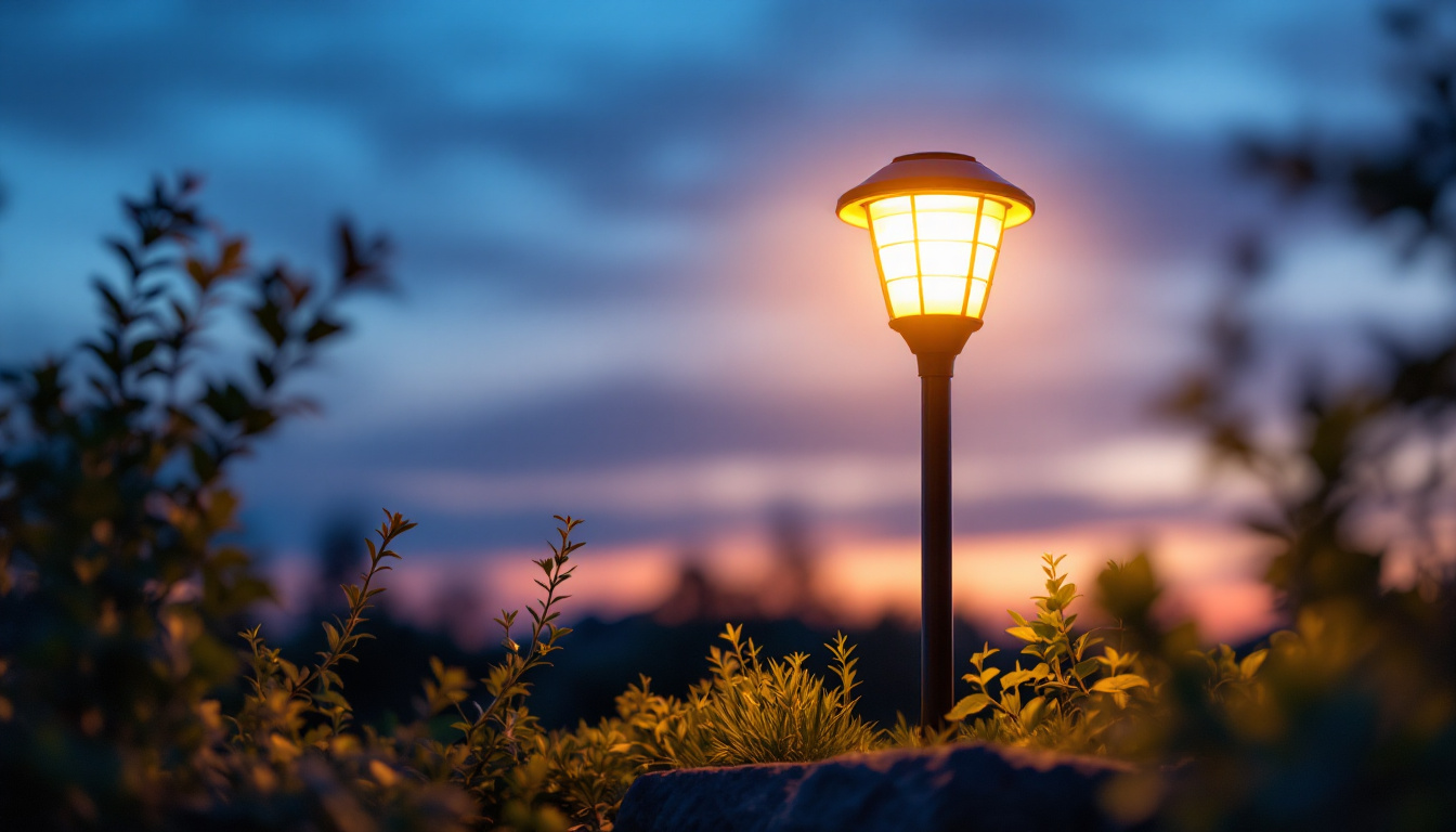 A photograph of a beautifully illuminated outdoor setting featuring a solar panel lamp in use