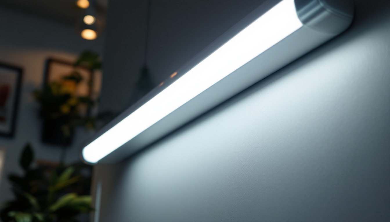 A photograph of a sleek t8 led tube light illuminating a modern workspace or home environment