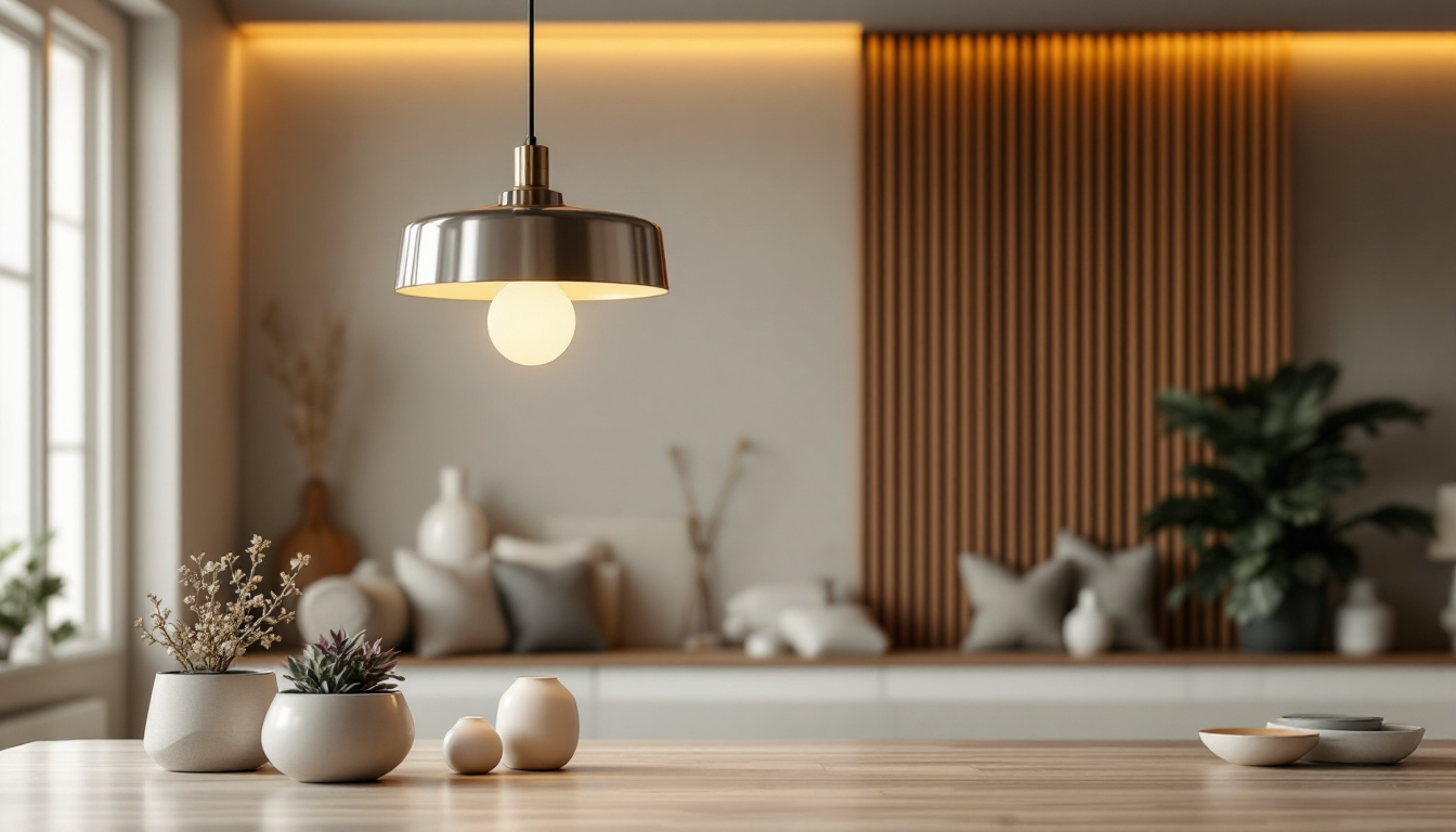 A photograph of a stylish contemporary pendant lamp hanging in a modern living space