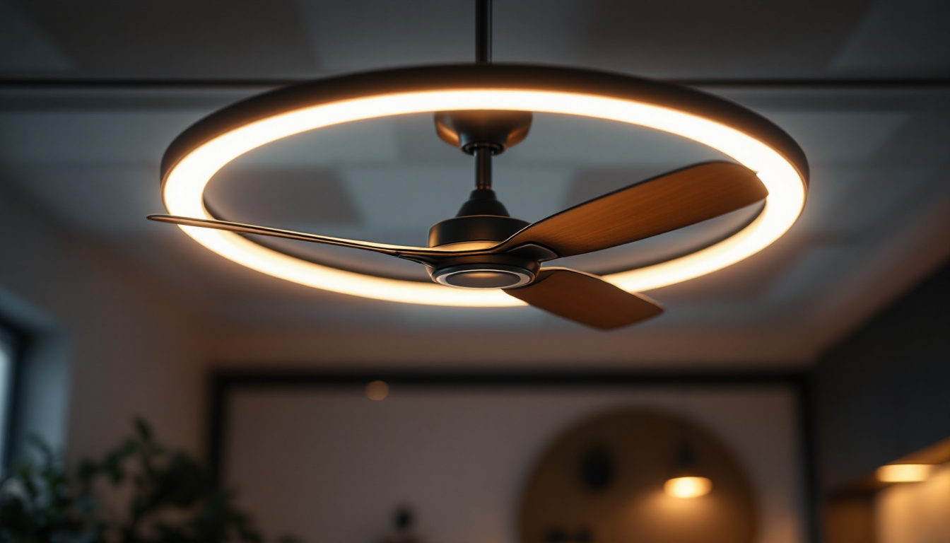 A photograph of a stylish industrial ceiling fan with integrated lighting