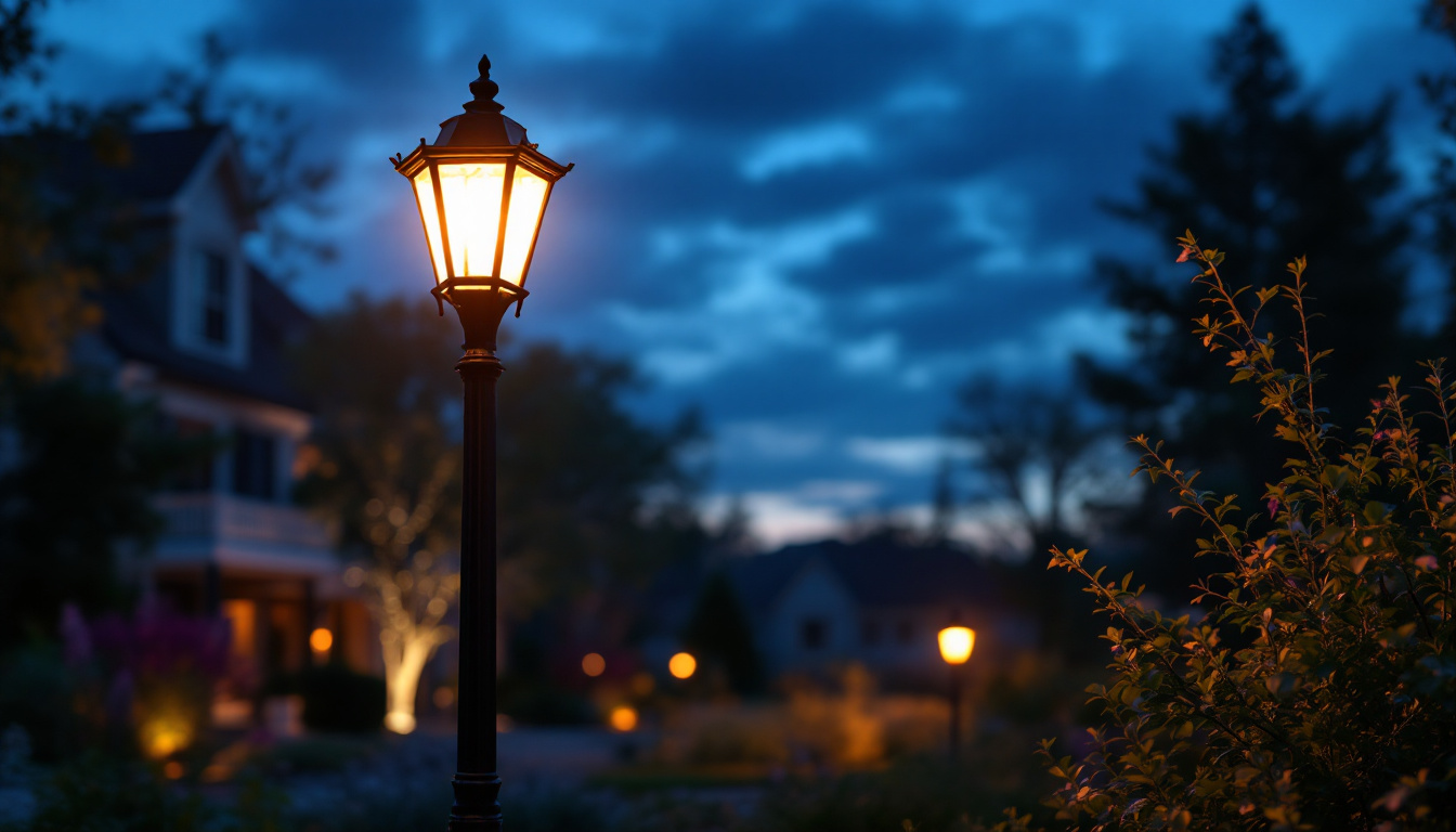 A photograph of a beautifully illuminated lamp post in a front yard setting during twilight