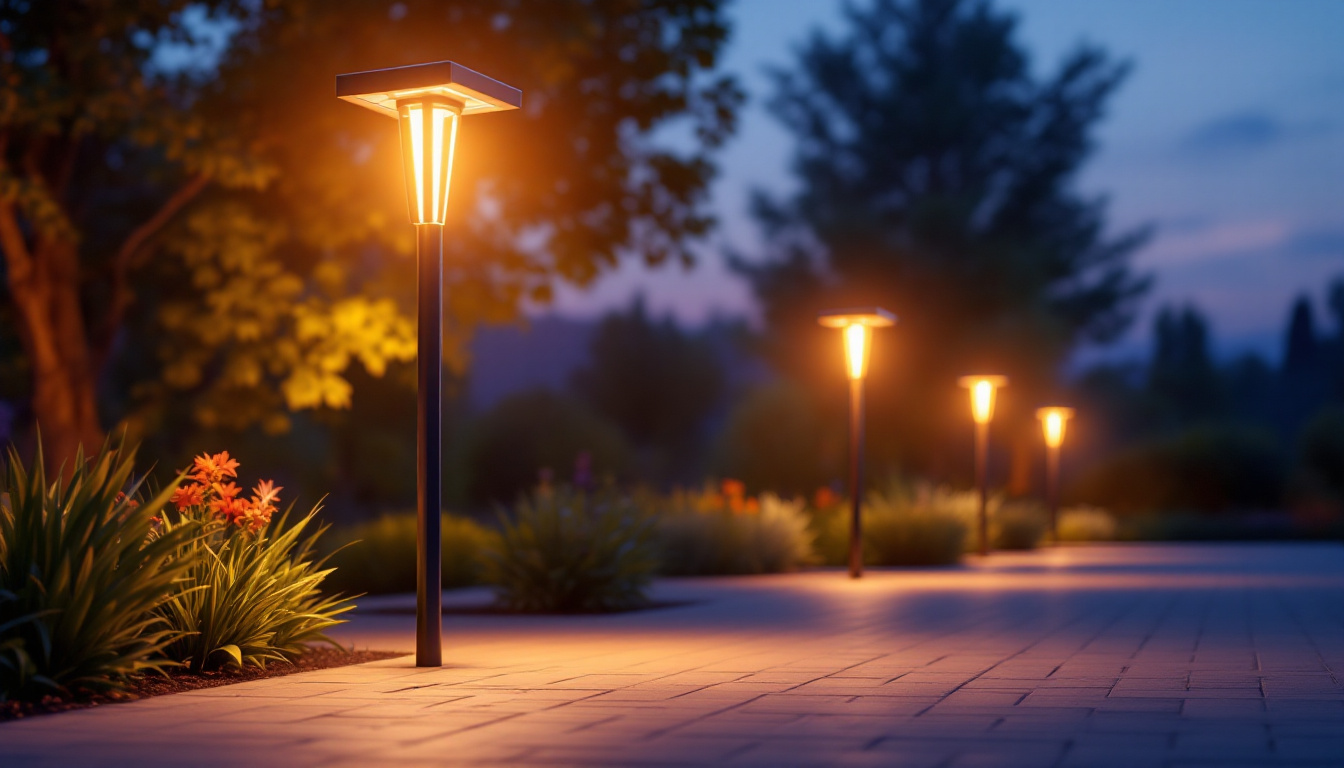 A photograph of a beautifully illuminated outdoor space featuring light post solar lights in action during twilight