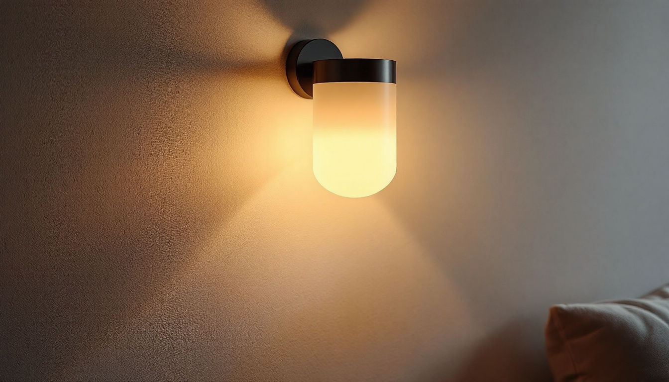 A photograph of a stylishly designed indoor wall light sconce illuminating a cozy living space