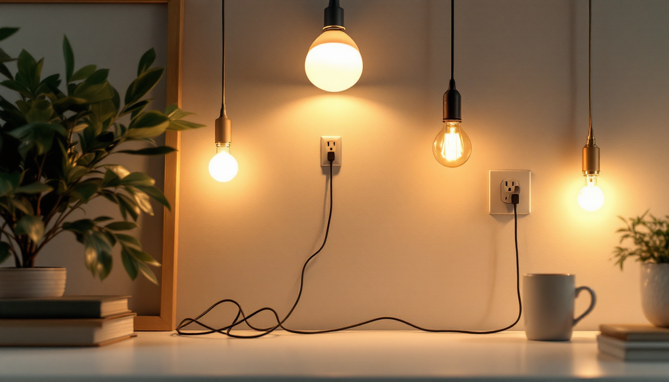 A photograph of a well-lit interior space showcasing various types of stylish outlet wires and lighting fixtures