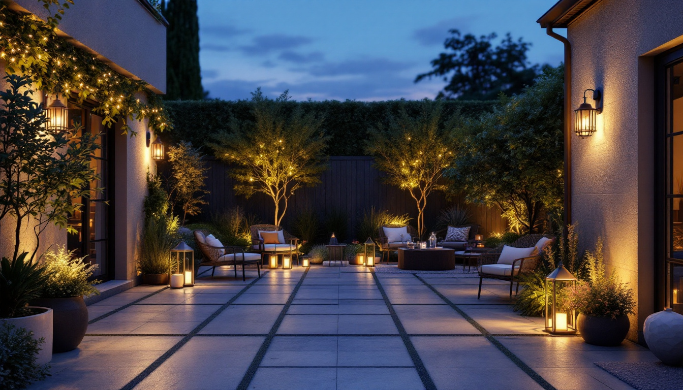 A photograph of a beautifully illuminated outdoor space showcasing various styles of outdoor lighting fixtures