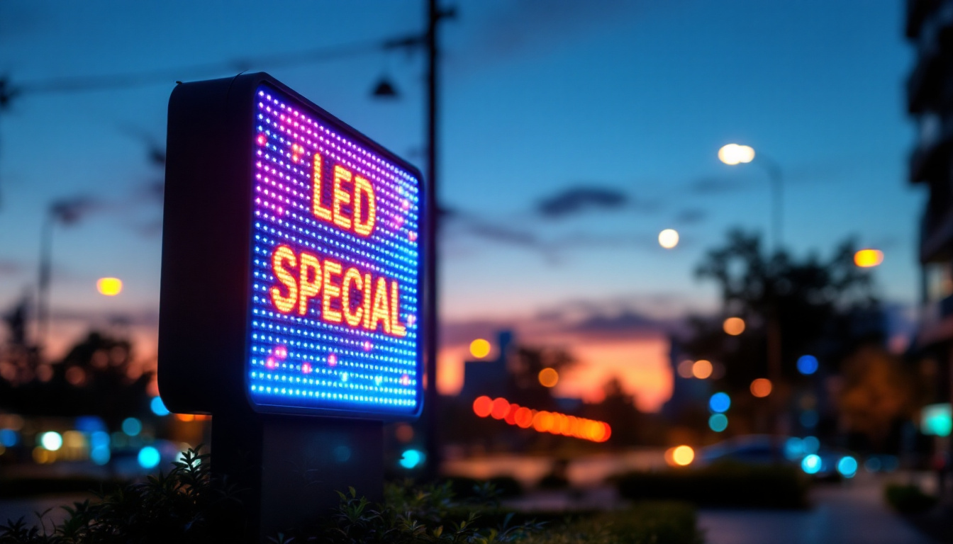 A photograph of a vibrant outdoor led sign illuminated at dusk