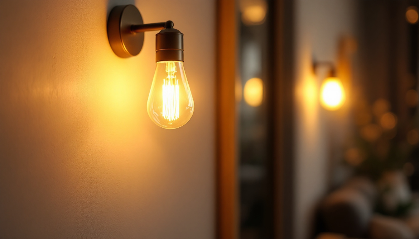 A photograph of a stylishly designed 60-watt incandescent wall lamp in a cozy interior setting