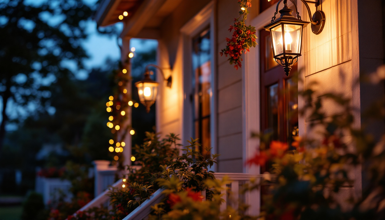 A photograph of a beautifully illuminated front porch featuring a variety of stylish light fixtures