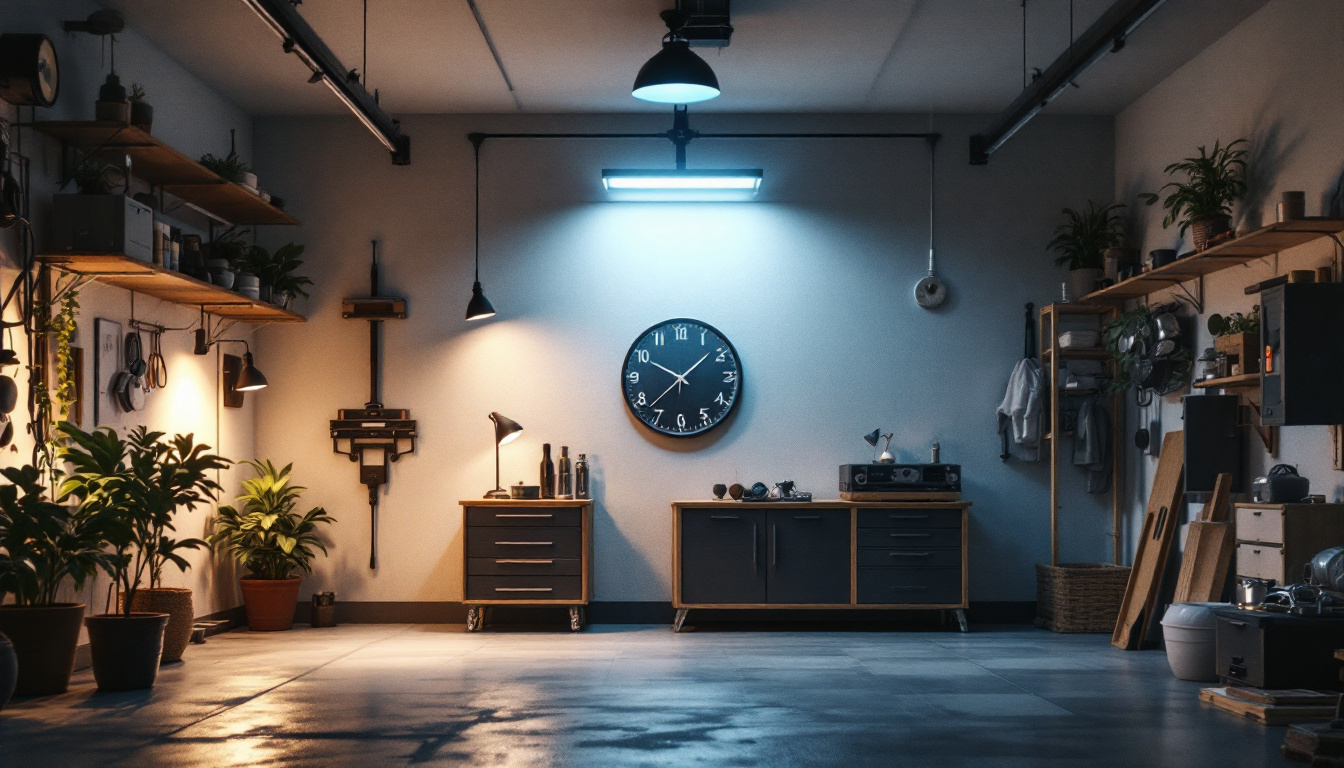 A photograph of a well-lit garage showcasing various types of light fixtures
