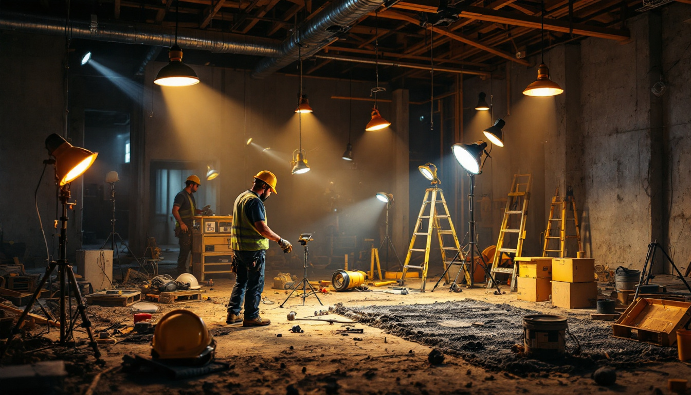 A photograph of a well-lit construction site showcasing various types of lamps and lighting solutions in use