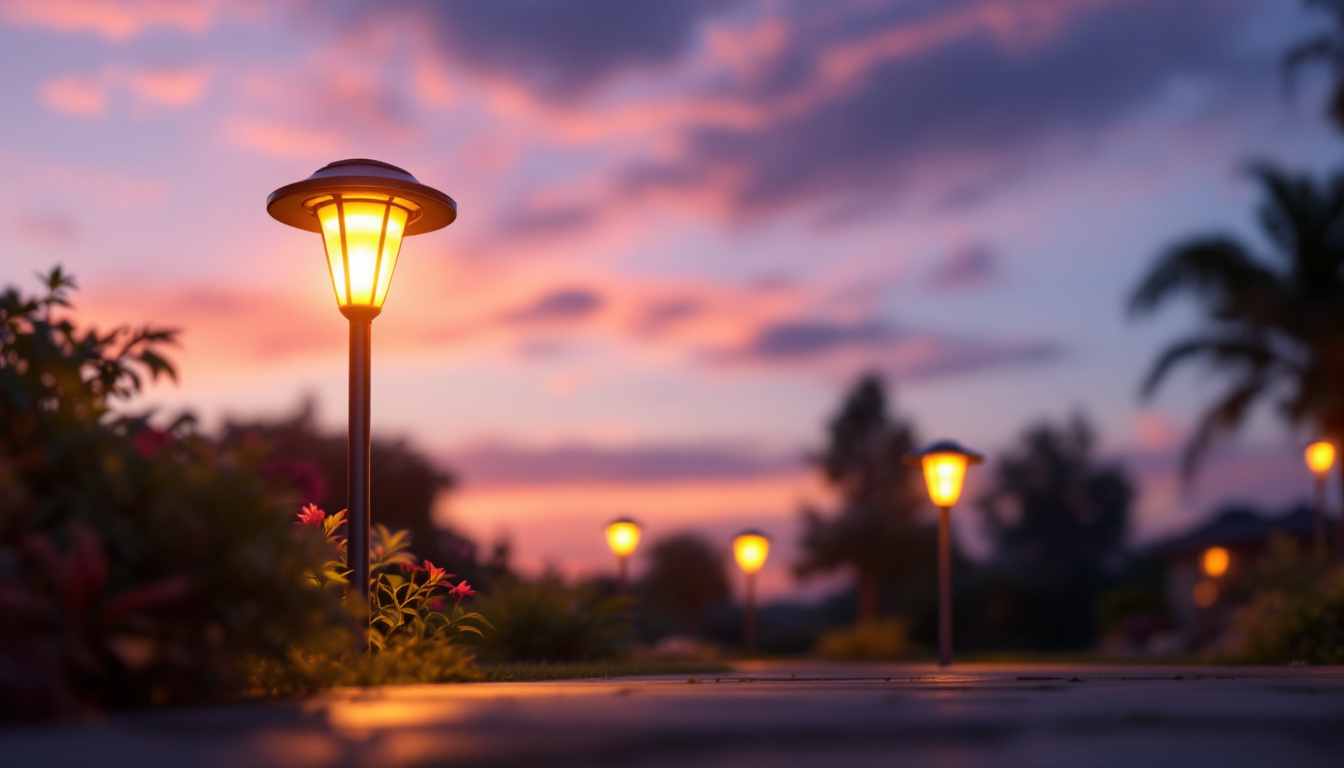 A photograph of a beautifully illuminated outdoor space featuring solar post lights in various settings