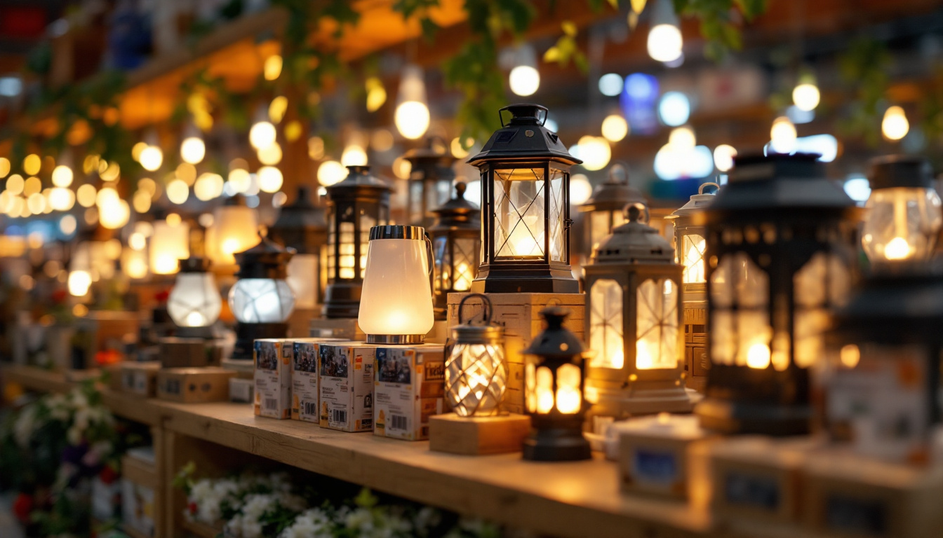 A photograph of capture a photograph of a beautifully arranged display of solar lanterns at a costco store
