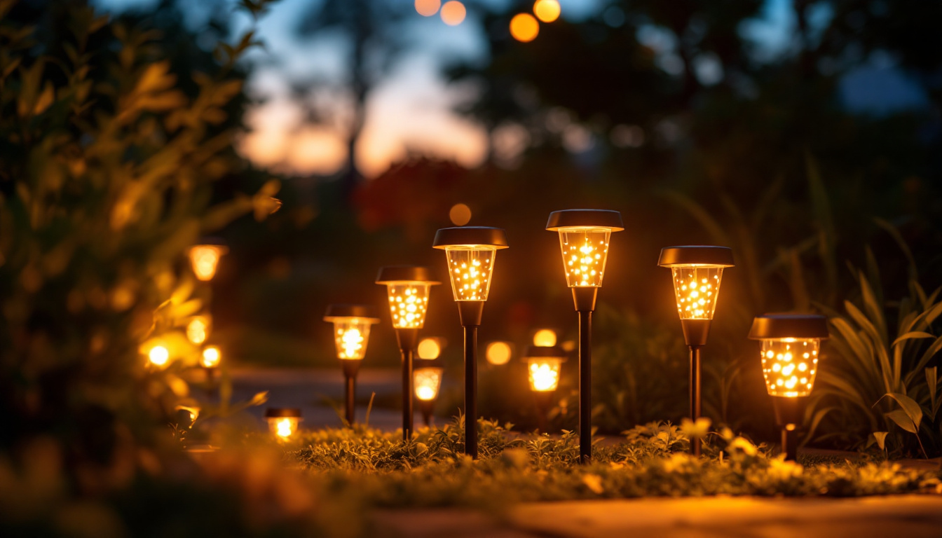 A photograph of a serene outdoor setting illuminated by various stylish solar-powered lights at dusk