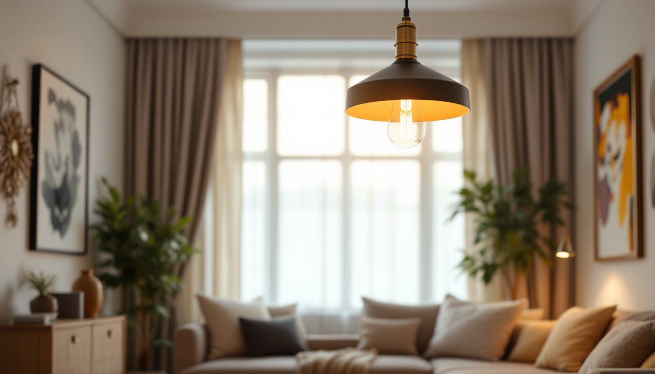 A photograph of a stylish pendant light fixture hanging in a beautifully decorated room